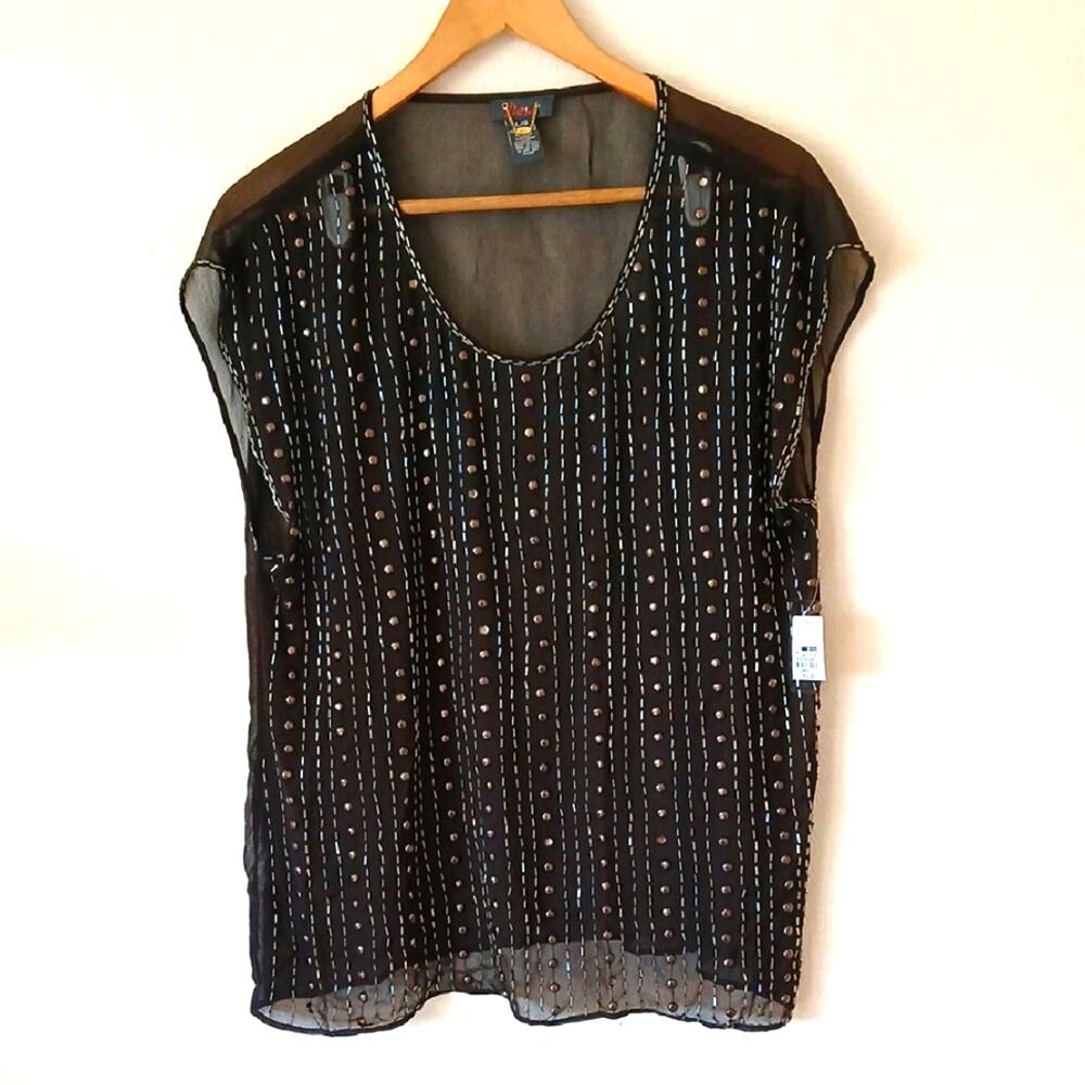 Dex Buckle Brand Sheer Beaded Studded Blouse